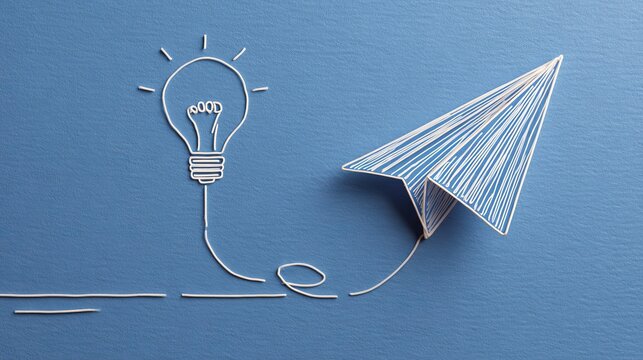 Outline paper airplane soars upward, linking with a light bulb in a single drawing. This signifies a startup idea, with changeable lines.