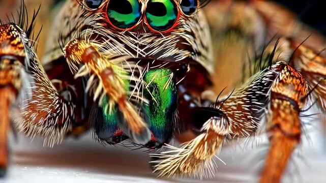 Macro shot showcases a colorful jumping spider's face with bright eyes, and detailed body parts