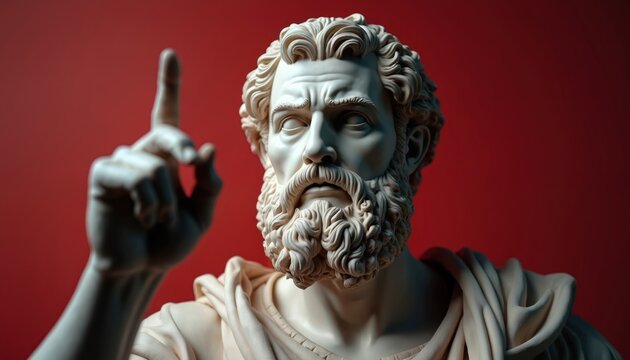Marble statue of ancient Greek philosopher with beard pointing finger upwards. Classical sculpture against vibrant red background wisdom, knowledge. Intellectual thinker gesture conveys idea concept.