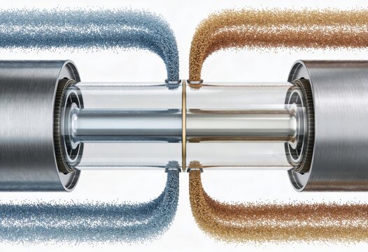 Advanced fluid dynamics model depicting dual phase flow with blue and brown granules illustrating interactions through a transparent section highlighting technical performance metrics