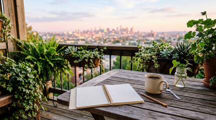 Fototapeta premium Happy monday balcony breakfast city view relaxing lifestyle scene