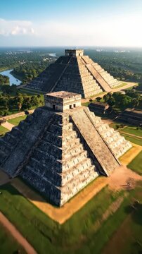 Majestic Chichen Itza Pyramids Aerial View at Sunrise.