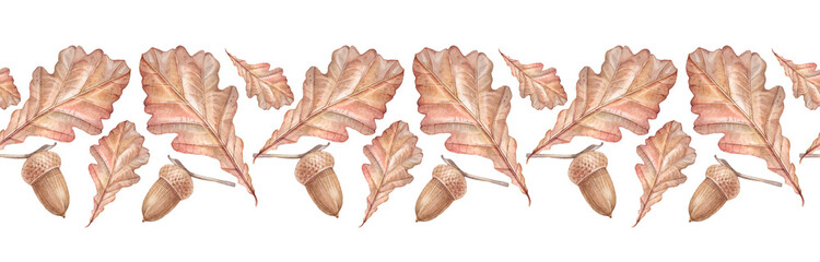 Watercolor autumn seamless border with orange oak leaf and acorn on white background. Forest nature plant foliage leaves. Creative rim for halloween card. Wallpaper or wrapping and sketchbook © NatashaKun