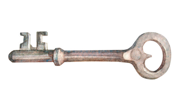 Watercolor hand-drawn silver key isolated on white background. Tool for home or garden and garage. Aksessuary for work. Clipart for sticker or wedding card. Object for wallpaper or wrapping