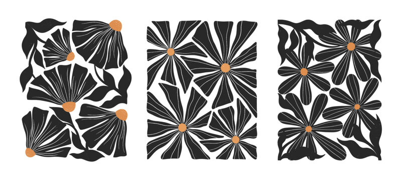 Daisy flowers in linocut printmaking style.Scandinavian folk illustration set with widflowers.Bold vintage black and white floral silhouettes for branding,packaging,posters,patterns.