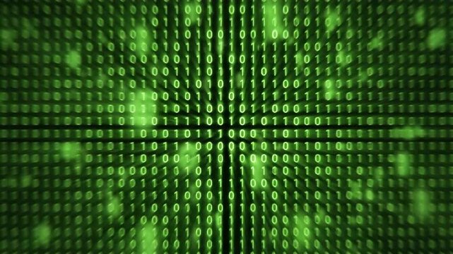 Digital Matrix: A captivating depiction of a digital matrix, with rows of vibrant green binary code flowing like an ethereal stream.