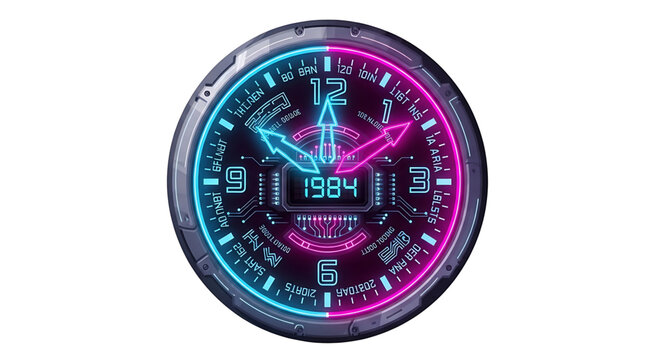 A futuristic neon-lit watch face with a digital display on a white background