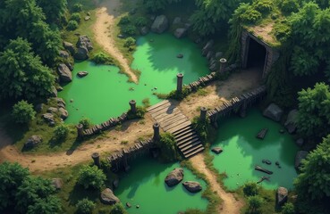 Fototapeta premium Top view of a fantasy swamp map. A wooden bridge crosses toxic green water. A cave entrance is hidden in overgrown rocks and trees. This digital art piece evokes mystery and adventure.