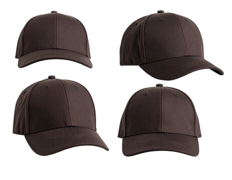 Four views of a brown, blank baseball cap against a transparent background