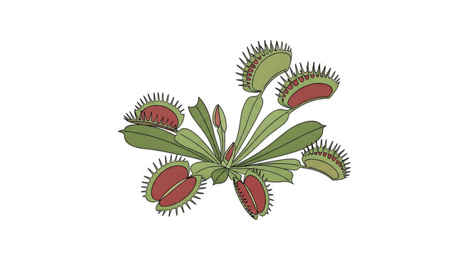 A colorful illustration of a Venus flytrap plant with open and closed leaves on a white background