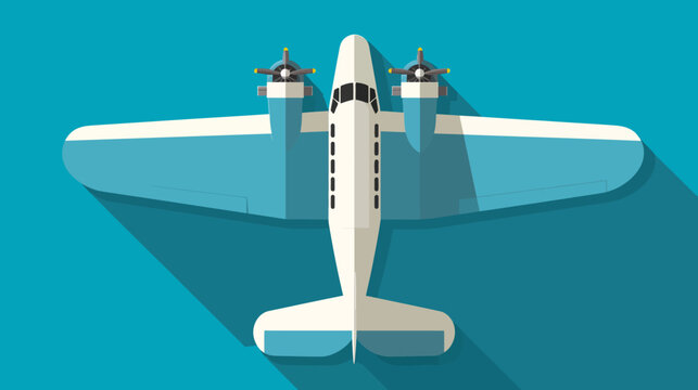 A top-down, vector illustration of a vintage twin-engine seaplane on a blue background