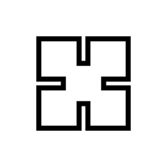 Fototapeta premium Abstract Cross Block Icon – Geometric connected shape symbol representing system integration, modular structure, connectivity and digital architecture