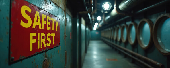 Fototapeta premium Dimly lit industrial corridor with pipes and round windows. Red metal sign with yellow text reads SAFETY FIRST. This tunnel looks abandoned or perhaps part of a secure facility or bunker.