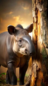 Close-up of a Tapir standing next to a tree trunk at sunset.
