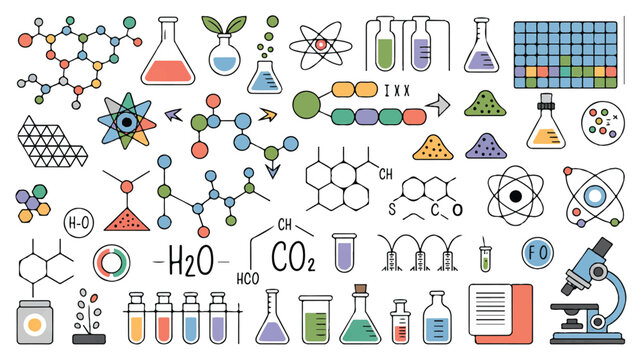 Diverse collection of hand-drawn science and chemistry icons including molecular models, lab equipment, and periodic table