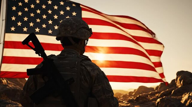 Soldier with American flag in desert