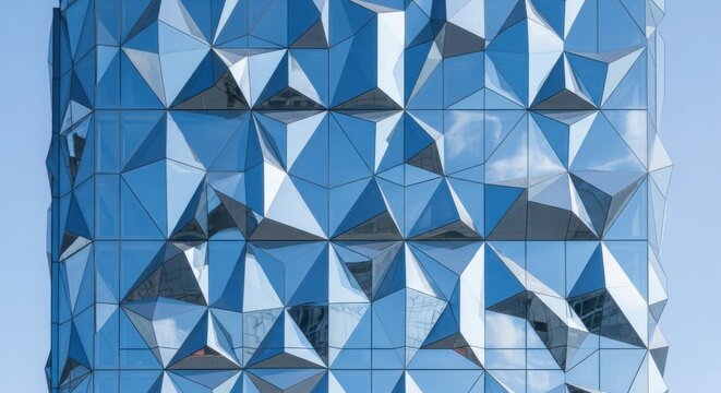 A blue building with many triangular shaped windows reflecting the sky architectural detail blue fac