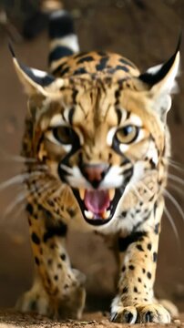 Fierce Ocelot Cat Aggressively Growling and Showing Teeth in Close-Up.