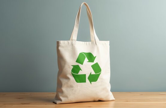 Canvas tote bag with green recycle symbol on wooden table. Promotes sustainable living, zero waste lifestyle, and eco-conscious shopping choices.
