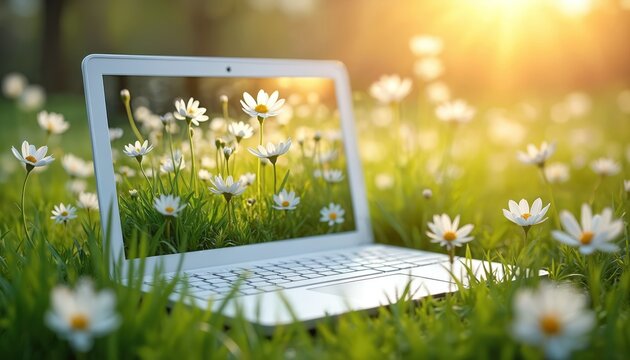 White laptop displays field of daisies in green grass. Sunlight streams down on blooming flowers and technology. Nature and digital world merge on sunny day.