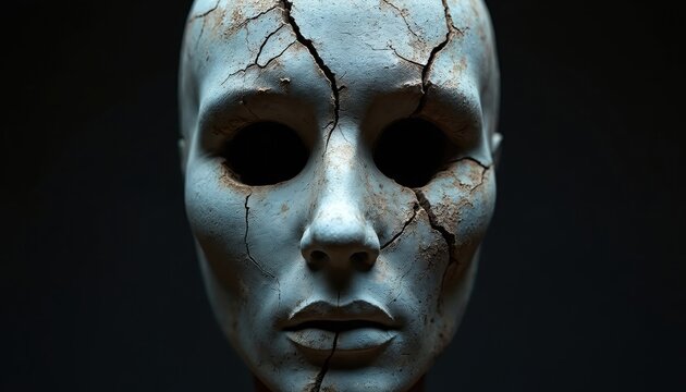 Cracked stone mask face sculpture with hollow eyes on black background. Broken old weathered head shows decay and timelessness. Art object, antique mask with rough surface texture.