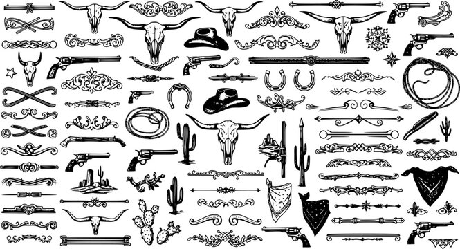 A large collection of old western design elements, embellishment, borders and divider lines.
