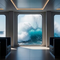 Fototapeta premium Grand interiors of a sophisticated vessel provide a tranquil haven as powerful ocean waves crash against sturdy windows, highlighting protected luxury, dramatic, majestic, lavish