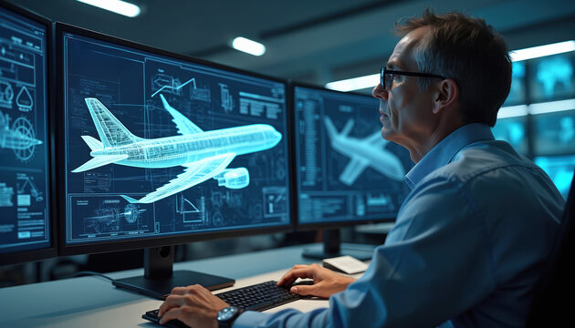 Engineer analyzes airplane 3D blueprint on computer screens in modern office. He works with technical data planning aircraft design and development. Man uses workstation for aviation project.