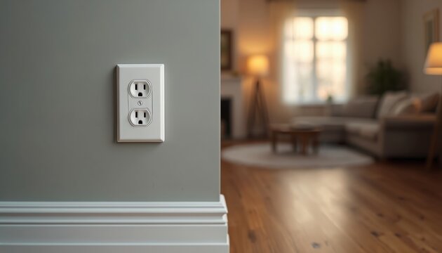 Close up of a double electrical outlet on a gray wall. In background blurred living room interior with furniture and window light. Clean residential power source.