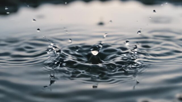 Macro slow motion of a single water droplet falling into liquid to create a crown splash and concentric ripples
