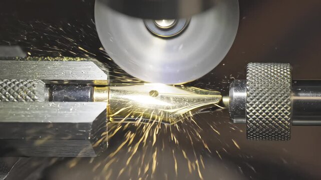 Close-up of manufacturing a gold fountain pen nib using a rotary cutting tool with flying metal sparks