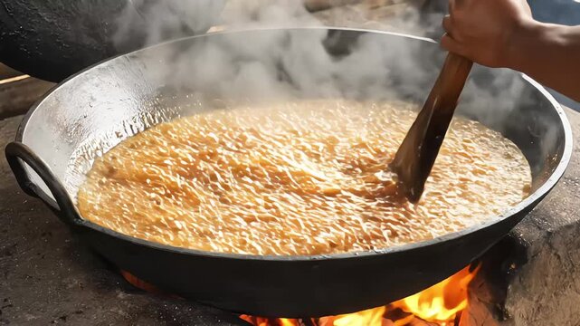 Close-up of a person continuously stirring a thick boiling mixture in a large iron wok over a traditional open wood fire to make palm sugar