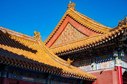 Forbidden City Roof Detail, Ming and Qing Royal Architecture Glazed Tile and Dougong Close-up