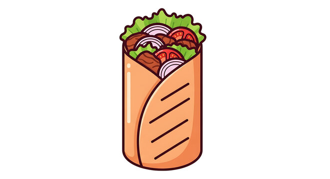 A colorful illustration of a delicious shawarma wrap filled with fresh vegetables and meat.