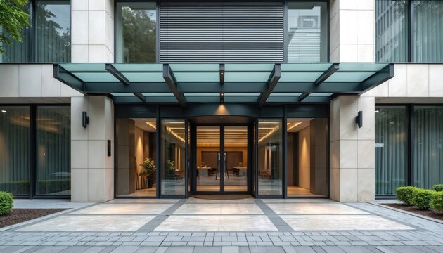 Modern building entrance with glass doors and metal frame. Features clean lines, stone facade, and glass canopy above walkway. Exterior architecture details.