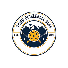 Outdoor Pickleball Sports Club Badge Illustration with Paddles, Ball, and Mountain View