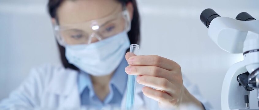 Scientist female researcher with protective glasses and mask exa