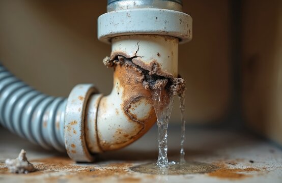 Broken drain pipe under sink leaks water. Rust buildup around crack causes flow. Damaged plumbing requires urgent home repair or pro service.