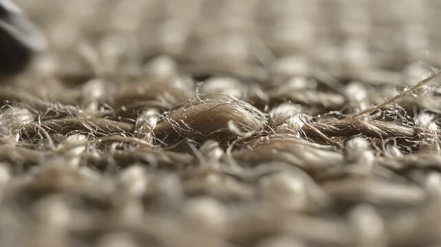 Macro shot of woven jute fabric showing natural rough fiber texture and loose threads with shallow depth of field