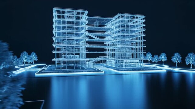 Blue wireframe building model with trees