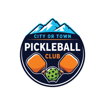 Dynamic City or Town Pickleball Club Logo with Mountain Silhouette and Paddles Vector