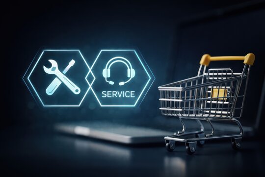 E-commerce shopping cart with digital service icons and online transaction concept