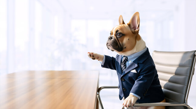 French Bulldog wearing a business suit sitting at a desk in a modern office. Funny corporate dog boss extending paw. Professional pet manager concept
