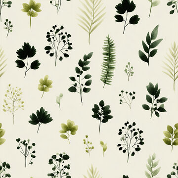 Minimal botanical greenery seamless design with various green leaves and branches on light background, creating fresh and natural pattern for stylish decor