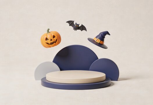 Whimsical Halloween display featuring a floating pumpkin bat and witch hat above a circular pedestal with soft textured elements creating a festive playful atmosphere