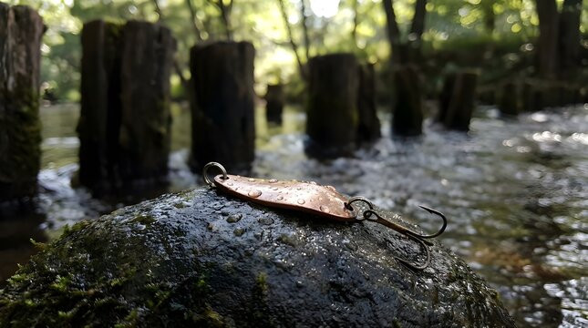 Copper Spoon Lure on Wet River Stone by Submerged Pier with Hyper Real Water Droplets