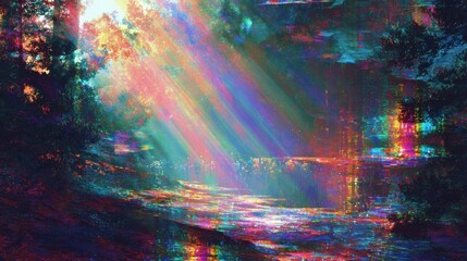 Naklejka premium Colorful light rays over reflective water in forest scene