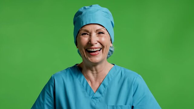 Joyful healthcare professional in scrubs smiling against green background