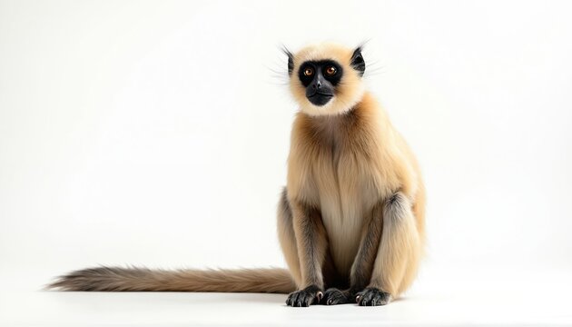 Golden langur monkey sits calmly on white background. This primate has striking dark eyes and long tail. It looks directly forward, showing curiosity and intelligence.