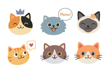 Fototapeta premium Cute Cat Faces Collection with Various Breeds and Colors, Calico, Ginger, Grey, and Siamese Kitty Expressions, Flat Vector Illustration for Stickers